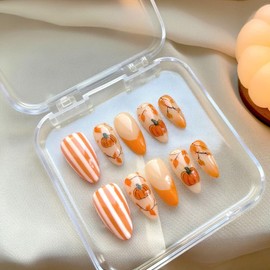 30 Pcs Fall Almond Press on Nails Medium Full Cover False Nails Acrylic Autumn Pumpkin Design Fake Nails Reusable with Vertical Stripe Maple Leaf Pattern Artificial Glossy Stick on Nail for Women