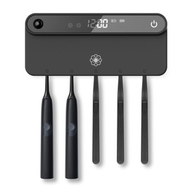 BOWER AND BLOOM Toothbrush Cleaner & Toothbrush Holder, Sleek Modern Design, Cleaning and Air Drying, LED Screen, Rechargeable Wall Mount Toothbrush Holder for Bathrooms, Black