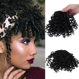 FENGTUO Clip-In Curly Hair Bangs Extension Fluffy Topper Hair Front Fringe (Black, 15cm)