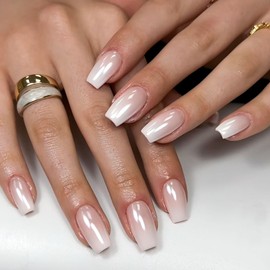 Chrome Press on Nails Coffin Medium Fake Nails Glossy Acrylic Glue on Nails Artificial Nails for Women White Nails Press ons with Gradient Designs Nude Fashion Stick on Nails 24Pcs