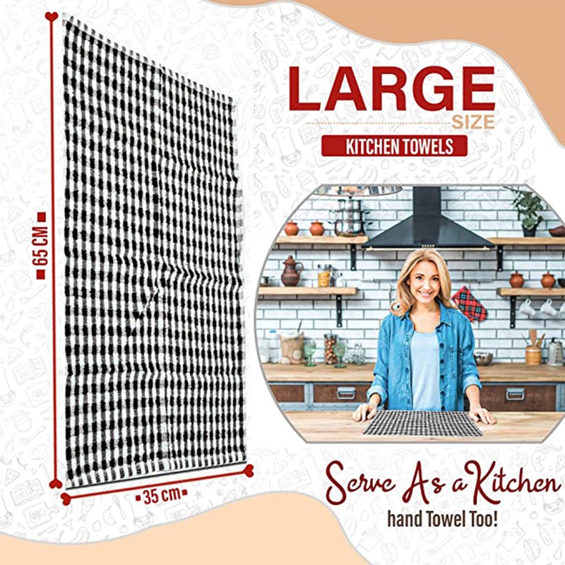 2 Pack Kitchen Towel Cotton Terry Tea Towels Black/White Monocheck