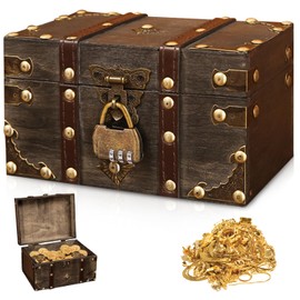 WANDGU Vintage Wooden Treasure Chest with Combination Lock, Small Pirate Treasure Chest, Jewellery Box with Lid, Treasure Chest Children's Birthday, Money Box with Lock, Gift (Grey)