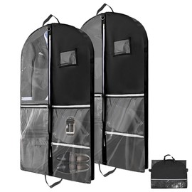 KASURE Pack of 2 Black Garment Bags, Foldable Garment Bag, Suit Travel Bag with 5 Pockets, Garment Bag, Handles and Buckles for Suit Jackets, Evening Dresses and Travel Storage (100 x 60 cm)