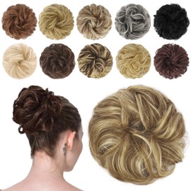 FESHFEN Messy Bun Hair Piece - 1 PCS Elastic Wavy Curly Hair Bun Scrunchies Extensions Synthetic Chignon Hairpieces for Women, Sand 1.5 oz