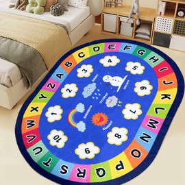 USTIDE Large Oval Kids Rug Carpet Educational Classroom Rug 5x7Ft,ABC Alphabet Numbers Weather Learning Rug Non-Slip Play Mat Learning Area Rug for Bedroom Playroom Rug Decor