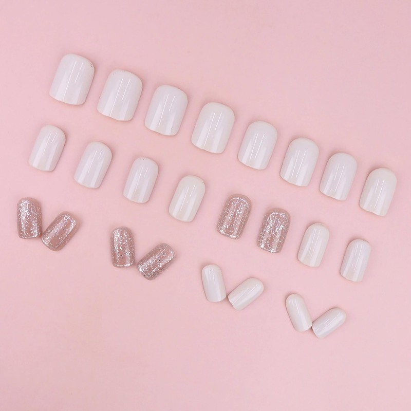 Nail Tip, Short, 24 Pieces, False Nails, Silver Foil, White,