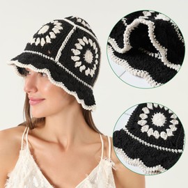 Fiewmay Boho Crochet Bucket Hat for Women Floral Handmade Beanies Hat Hollow Hand Knitted Casual Beach Hat for Holiday