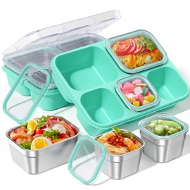 Snackle Box Containers, Stainless Steel 5 Compartments Divided Serving Tray with Lid, Removable Leakproof Portable Bento Box for Fruit Candy Nuts Food - School, Picnic and Travel（Green）