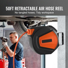 Hybrid 3/8 X 50 FT Retractable Air Hose Reel 300PSI Ceiling/Wall Air Compressor Hose Ratchet with 5 Lead in Model D0100HPF577Default: Default