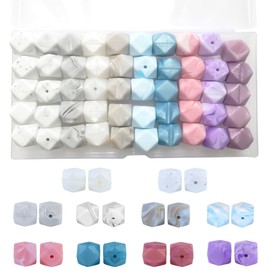 50 Pieces Silicone Marble Beads, BetterJonny 10 Colors Polygonal Loose Beads with Storage Box 17mm Marble Printed Hexagon Beads Colorful Silicone Loose Beads for Necklace Bracelet DIY Crafts