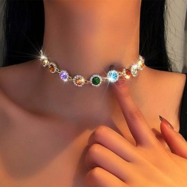 ACEDRE Colorful Crystal Choker Necklace Sparkly Rhinestone Chokers Necklaces Gold Chain Party Prom Neck Jewelry for Women (1-Colorful)