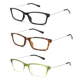 EYE ZOOM 3 Pack Lightweight Thin Frame Reading Glasses with Stainless Steel Temples for Men and Women, Black, Tortoise and Green, +2.00