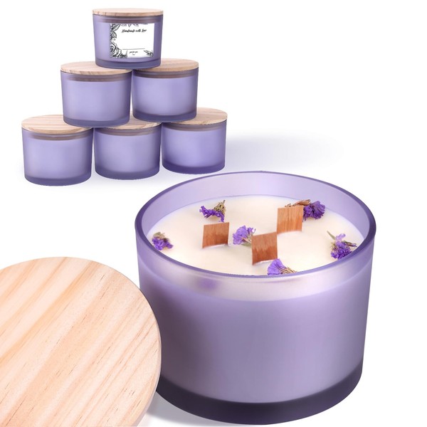 6 Pack Glass Candle Jars with Lids (16oz, Frosted Purple)