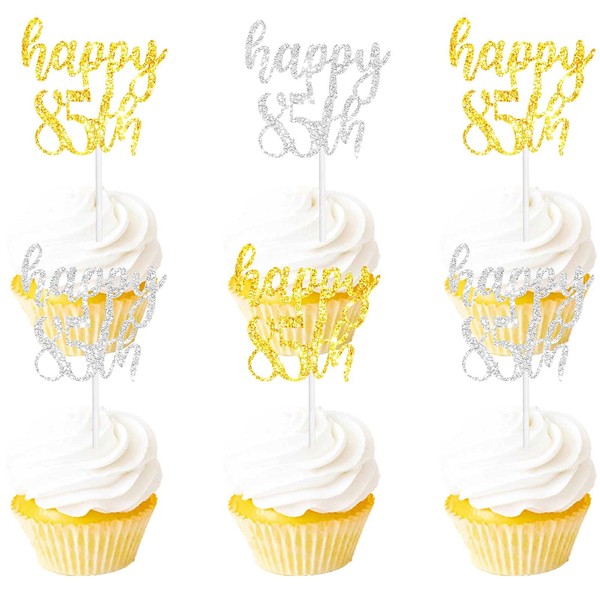 18PCS Happy 85th Cupcake Topper Picks for Birthday Party Cheer to 85 Years Old Theme Party Decoration Supplies Celebrating Anniversary Gold silver Glitter
