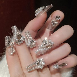 Luxury Press on Nails Coffin Meidum Fake Nails Luxury Rhinestones 3D Charm Acrylic Nails Press ons Handmade Glue on Nails Glossy Stick on Nails for Women 24 Pcs