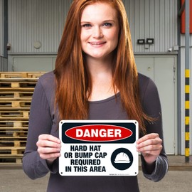 Hard Hat Or Bump Cap Required in This Area Sign, OSHA Danger Sign, 10x7 Inches, 55 mil Thick HDPS (high Density polystyrene), Made in USA