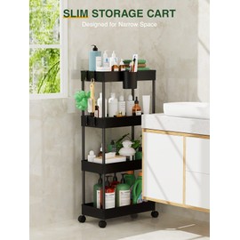 LEHOM Slim Rolling Storage Cart - 4 Tiers Bathroom Organizer Utility Cart Slide Out Storage Shelves Mobile Shelving Unit for Kitchen, Bedroom, Office, Laundry Room, Small Narrow Spaces Black