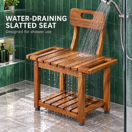 23.4 Inch Acacia Wood Shower Chair with Removable Backrest, 450 lb Capacity, Storage Shelf and Non-Slip Feet