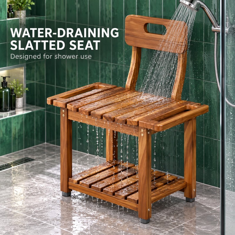 23.4 Inch Acacia Wood Shower Chair with Removable Backrest, 450