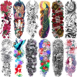 Full Sleeve Temporary Tattoos Flowers for Women Teens and kids (12 Sheets),Sleeve Tattoo for women,Long-Lasting Waterproof Full Arm Fake Tattoos,New