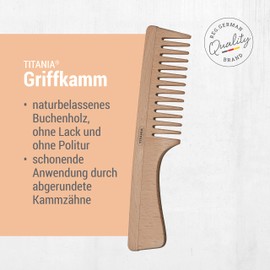 TITANIA Comb with Handle • Wooden Comb Made of 100% Natural Beech Wood • Wooden Hair Comb • Universal Comb for All Hair Type (Men & Women) • Comb (19 cm)
