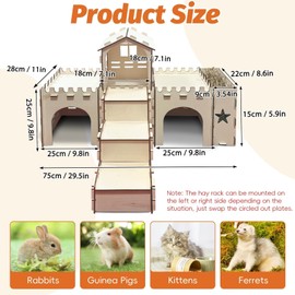 PINVNBY Extra Large Bunny Castle Hideout with Hay Feeder, Wooden Rabbit House Hide Climbing Detachable Indoor Wood Hideaway Castle Tower Tunnel for Rabbit Guinea Pig Hamster Chinchilla Ferret