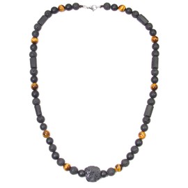 GENASTO Triple Protection Men's Beaded Necklace Black Tourmaline Crystals Pendant Necklace with Tiger Eye Onyx Lava Beads, Natural Stone Bead Essential Oil Diffuser Jewelry Gift for Men