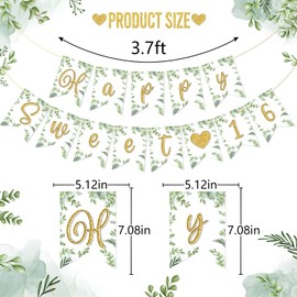 Firefairy Happy Sweet 16 Banner, Pre-strung Sage Green 16th Birthday Banner, 16 Years Old Birthday Party Decor, Sweet Sixteen Party Decor, Sweet 16 Party Decorations for Girls