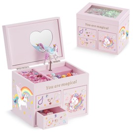 Lolalet Wooden Jewelry Box with Unicorn for Girls, Children's Jewelry Organizer, Jewelry Case for Necklace Earrings Bracelet Watch Lipstick Ring -Pink