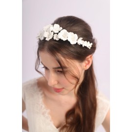 BERYUAN Wedding Flower Pearls Hair Tiara Silver Pearls Flower Headband White Flowers Bride Headband Silver Wedding Hair Accessories for Bride Women Girls