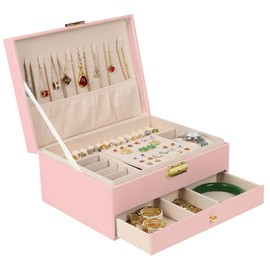 SYCARON Jewelry Box Organizer for Women Girls, Large PU Leather Jewelry Organizer Case with Lock Two Layers with Drawer for Rings Earrings Necklace Watches, Pink