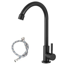 Matte Black Cold Water Only Kitchen Faucet SUS304 Sink Faucets High Arc Gooseneck 360 Degree Rotation Spout Basin Tap with Longer Thread Pipe