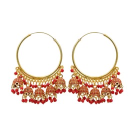 Indian Gold Pearl Bead Ethnic Fashion Traditional Boho Jhumka Dangle Hoop Earrings Jewelry (ROUND) (RED)
