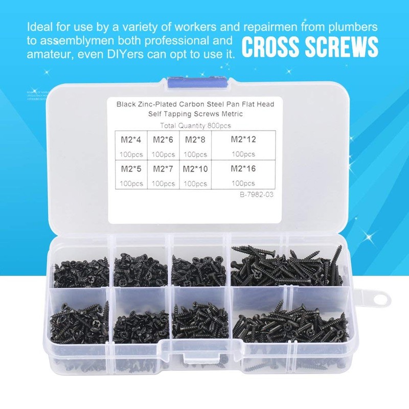 800 pcs M2 Black Carbon Steel Self-Tapping Screw Assortment Kit,