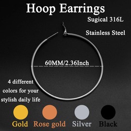 Dubai African Big Gold Hoops 2.36" Simple Hoop Earrings Set of 4, 18K Rose Gold Plated Black Silver Earrings for Women