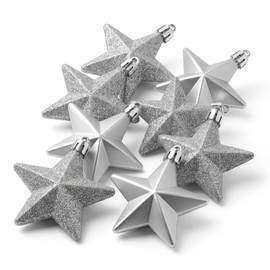 MIJOMA Christmas Decoration Hanging Decoration Stars Silver 6.5 cm Set of 8 - 2 Designs with Glitter Matt Shiny - Christmas Tree Pendant Plastic Shatterproof - Christmas Tree Decoration