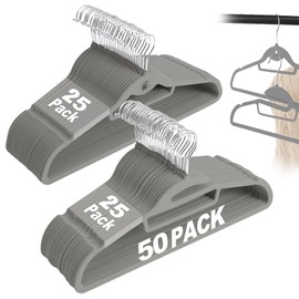UEAKPIC Velvet Hangers 50 Pack, S-Shaped and Stackable Non Slip with 360°Swivel Hook, Ultra Thin and Space Saving Flocked, for Suits, Shirts, Coats, 15Lbs Capacity Heavy Duty, Grey