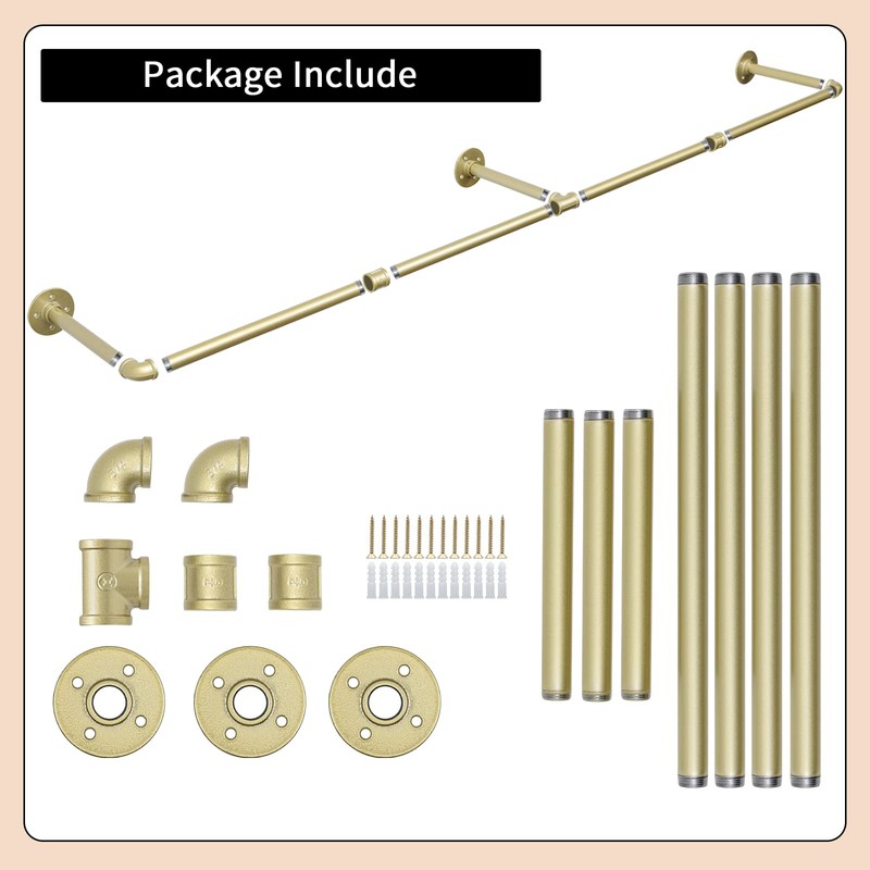 Oroonoko 72inch Gold Wall Mounted Clothes Rack, Industrial Pipe Garment