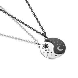 PiercingJ Best Friend Necklace Matching Couples Pendant Stainless Steel Yin Yang Jewelry Gifts for Women Men (Silver&Black (Non Engraving))