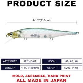 LUCKY CRAFT Lightning Pointer 110SP Fishing Lures, 4-1/2” Suspending Jerkbait Bass Lure, 6ft Depth Hard Bait, Freshwater Trout Lures, Premium Fishing Gear, 338 Live Ghost Minnow