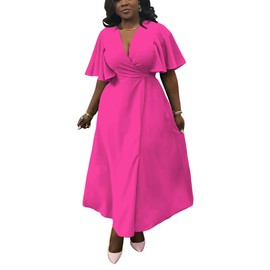 Summer Dresses for Women Semi-Formal Fit Casual Short Ruffle Sleeve V Neck Elegant Swing Split Long Maxi Dresses