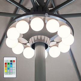 HONGUT Patio Umbrella Light, 3xD Battery Operated Umbrella Pole Light with Remote 80Ft Through Wall, 12 Bulb 60 LEDs, 4 Modes, 12 Color Changing Outdoor Camping Light with Hanging Ring for Umbrella