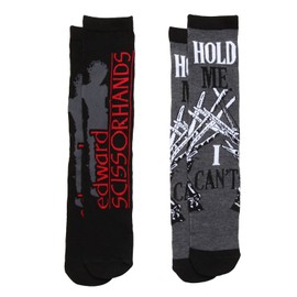 Hypnotic Hats Edward Scissorhands Silhouette with Logo & Hold Me I Can't Adult Crew Socks - Black/Grey (Size 6-12, Two Pairs)