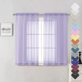 Lecloud Lavender Sheer Kitchen Curtains 54 Inch Length 2 Panels, Double Rod Pockets Window Living Room Light Purple Curtain, Balance Light & Privacy Solid Voile Girls Bedroom Drapes, 40W x 54L