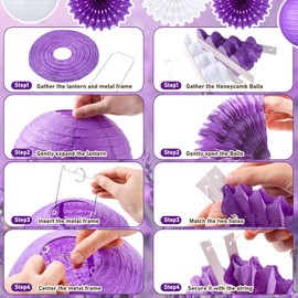 SmoothNovelty 25 Pcs Purple Party Domestic Violence Awareness ADD Party Decoration Purple Ribbon Paper Lanterns Paper Fans Foil Metallic Fringe Hanging Swirls for Public Charity Event Decor Supply