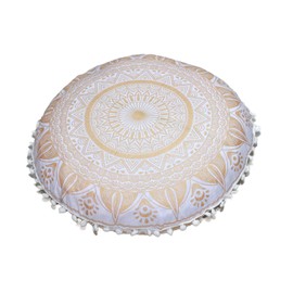 CRAFT KALA 22" Round Mandala Boho Pillow Meditation Room Seating Poufs for Living Room Yoga Room Home Bedroom Balcony Garden Party Decoration Cotton Floor Cushion Cover White Gold Trishul