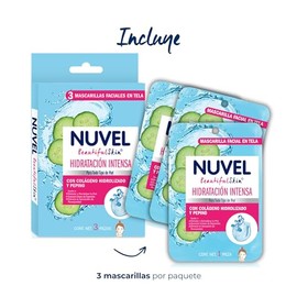 Nuvel Mascarilla Facial en Tela Hidratación Intensa, para Todo Tipo de Piel, con Colágeno Hidrolizado y Pepino, Paquete con 3 Piezas, Hidrata y Revita