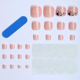 24Pcs Summer Press on Toenails Short Square, ZIFANHU Fake Toe Nails Press ons White French Nail Tips Full Cover Acrylic False Toenails Rhinestones Glitter Design Glue Stick on Nails for Women