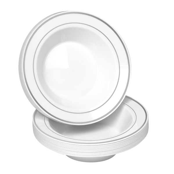 BloominGoods 50 Disposable White Silver Rimmed Plastic Soup Bowls | 14 oz. Premium Heavy Duty Disposable Dinnerware with Real China Design | Safe & Reusable (50-Pack White/Silver Trim)