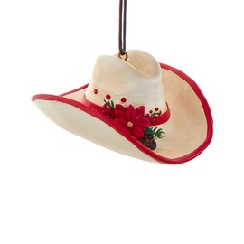 Kurt Adler 3-Inch White Western Cowboy Hat Christmas Ornament with Red Trim and Poinsettia Accent – Resin Rustic Holiday Décor – E1074